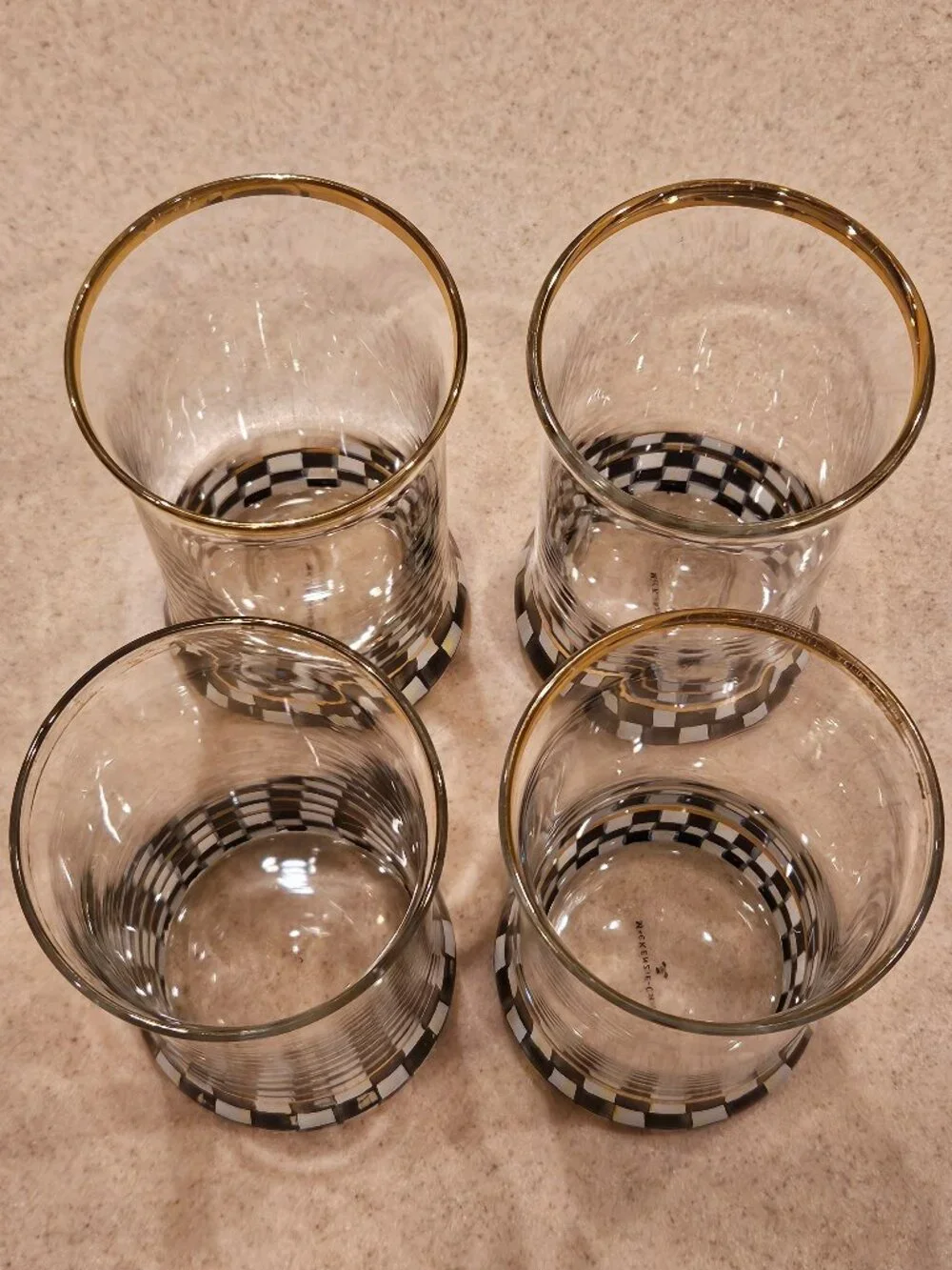 4 MACKENZIE CHILDS SUMMER BLACK COURTLY CHECK HIGHBALL DRINKING GLASS TUMBLER